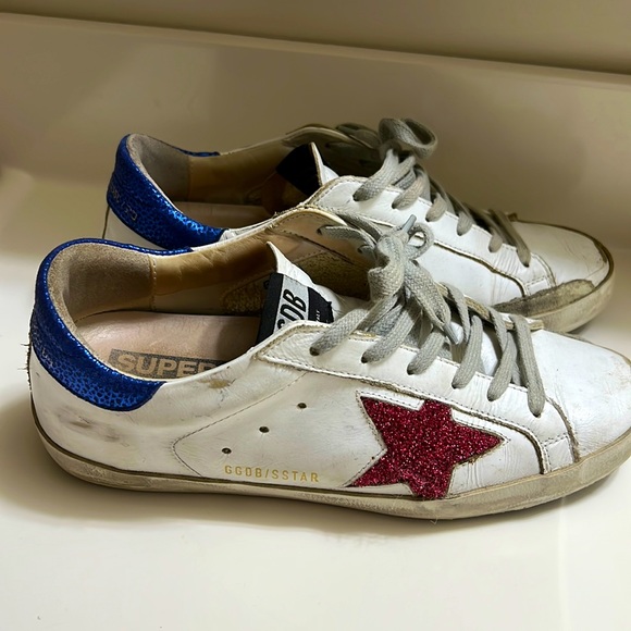 Golden Goose White Sneakers with Glitter Red Star and Blue Heel - Picture 1 of 6